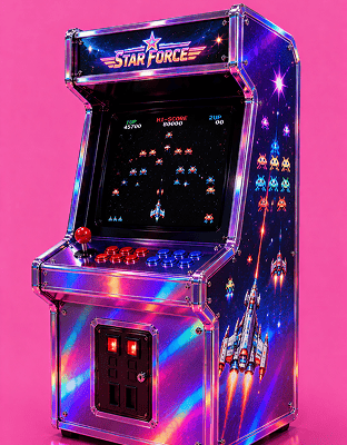 Allestimento serale con più cabinati arcade in fila